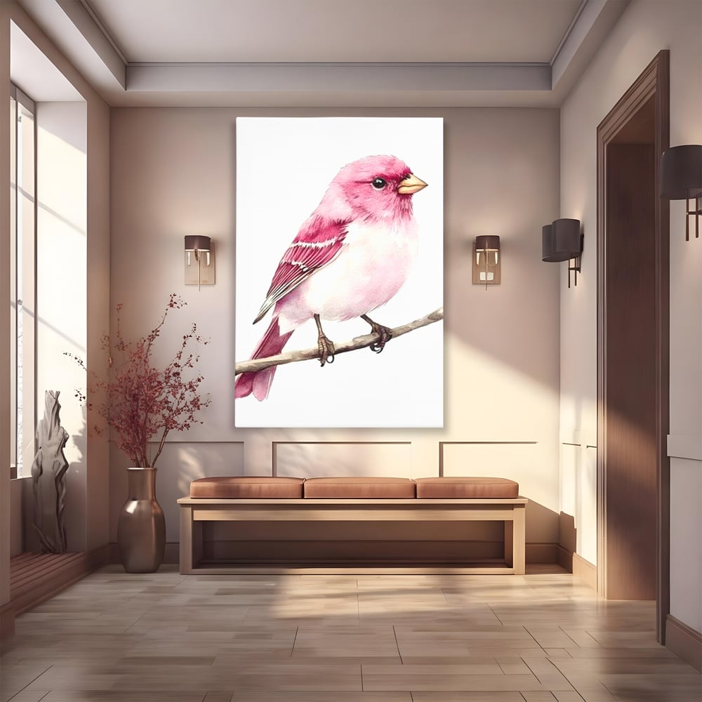 Tablou canvas cu tablou canvas cu pasare roz pe creanga, fara rama, pe sasiu de lemn